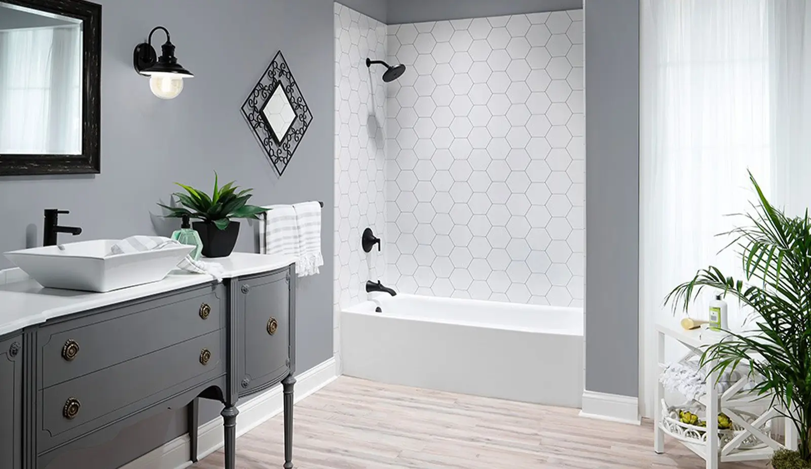 Shower remodel example with gold fixtures